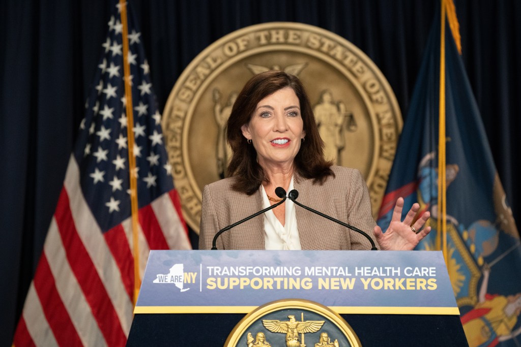 Governor Kathy Hochul speaks in her New York Office about state efforts to treat people with serious mental health issues, Oct 12, 2023.